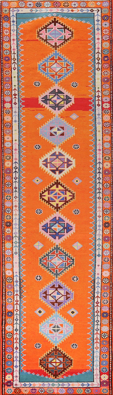 Handmade Silk Orange Anatolian Turkish Runner Rug 3x13