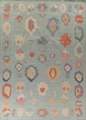 Light Blue Oushak Vegetable Dye Turkish Large Rug 10x14