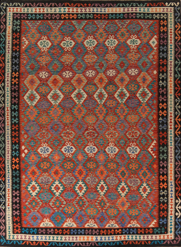 Reversible Wool Orange Kilim Oriental Area Rug 10x13