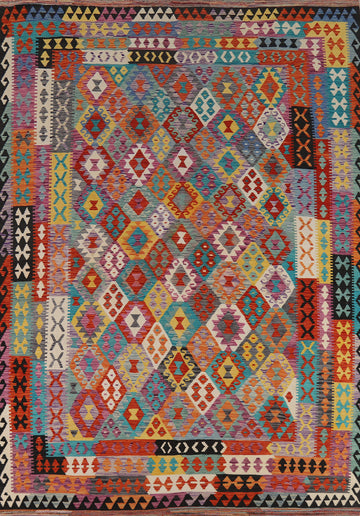 Flat Weave Colorful Kilim Wool Area Rug 8x12