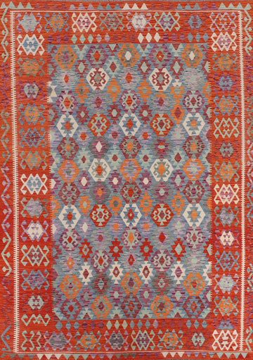 Orange & Blue Flat Weave Kilim Wool Area Rug 8x12