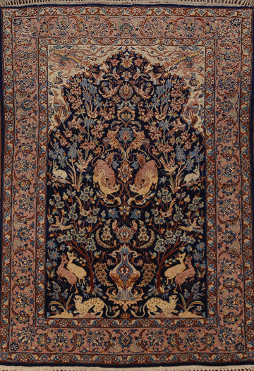 Vegetable Dye Blue Silk Animals Isfahan Persian Rug 3x5