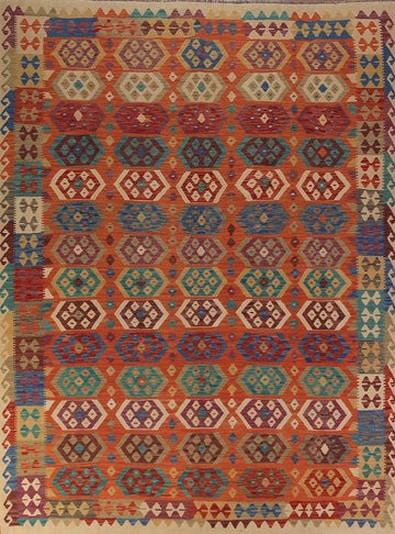 Orange Kilim Reversible Wool Area Rug 8x11