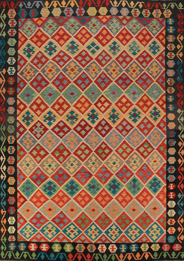 Geometric Trellis Kilim Reversible Wool Area Rug 8x11