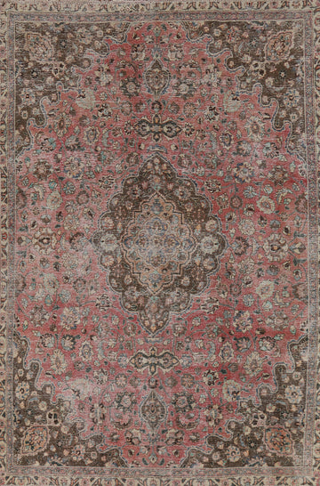 Distressed Wool Floral Mashad Persian Area Rug 7x10