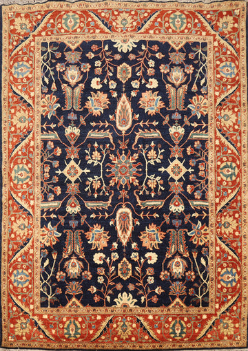 Vegetable Dye Wool & Silk Navy Blue Tabriz Persian Rug 5x7