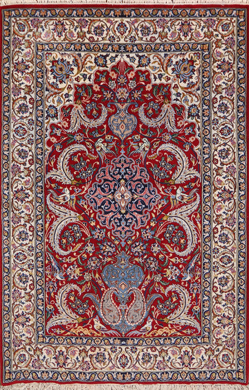 Vegetable Dye Red Wool & Silk Isfahan Persian Rug 4x6