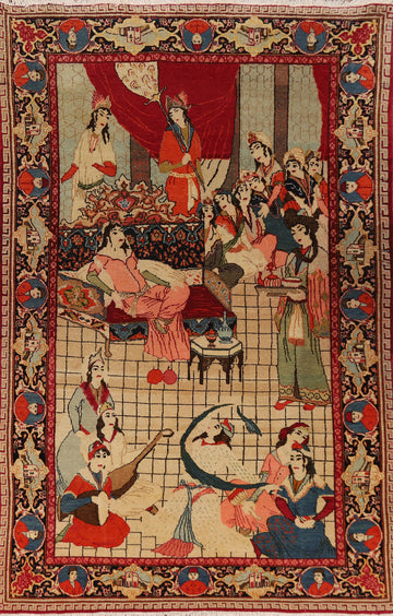 Pre-1900 Antique Wool Pictorial Kashan Persian Rug 4x7