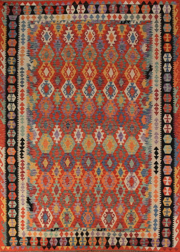Orange Wool Geometric Kilim Oriental Area Rug 9x11