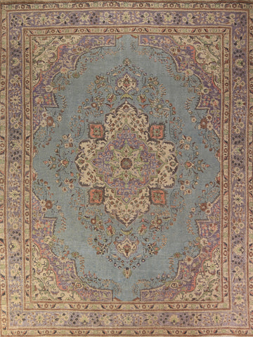 Light Blue Medallion Wool Tabriz Persian Area Rug 10x12