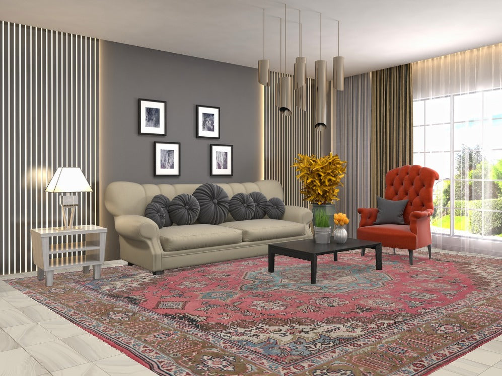 Pink Geometric Wool Tabriz Persian Area Rug 10x13