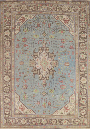 Light Blue Geometric Wool Tabriz Persian Area Rug 8x11