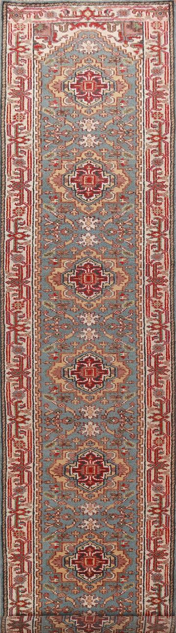 Light Blue Geometric Heriz Serapi Indian Runner Rug 3x16