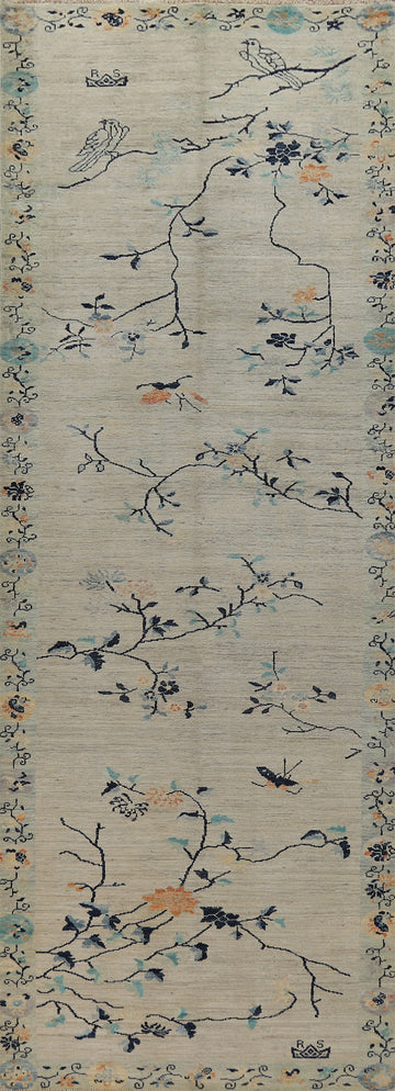 Vegetable Dye Wool Art Deco Turkish Runner Rug 4x14