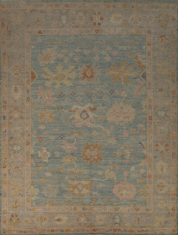 Vegetable Dye Blue Floral Oushak Turkish Area Rug 8x10