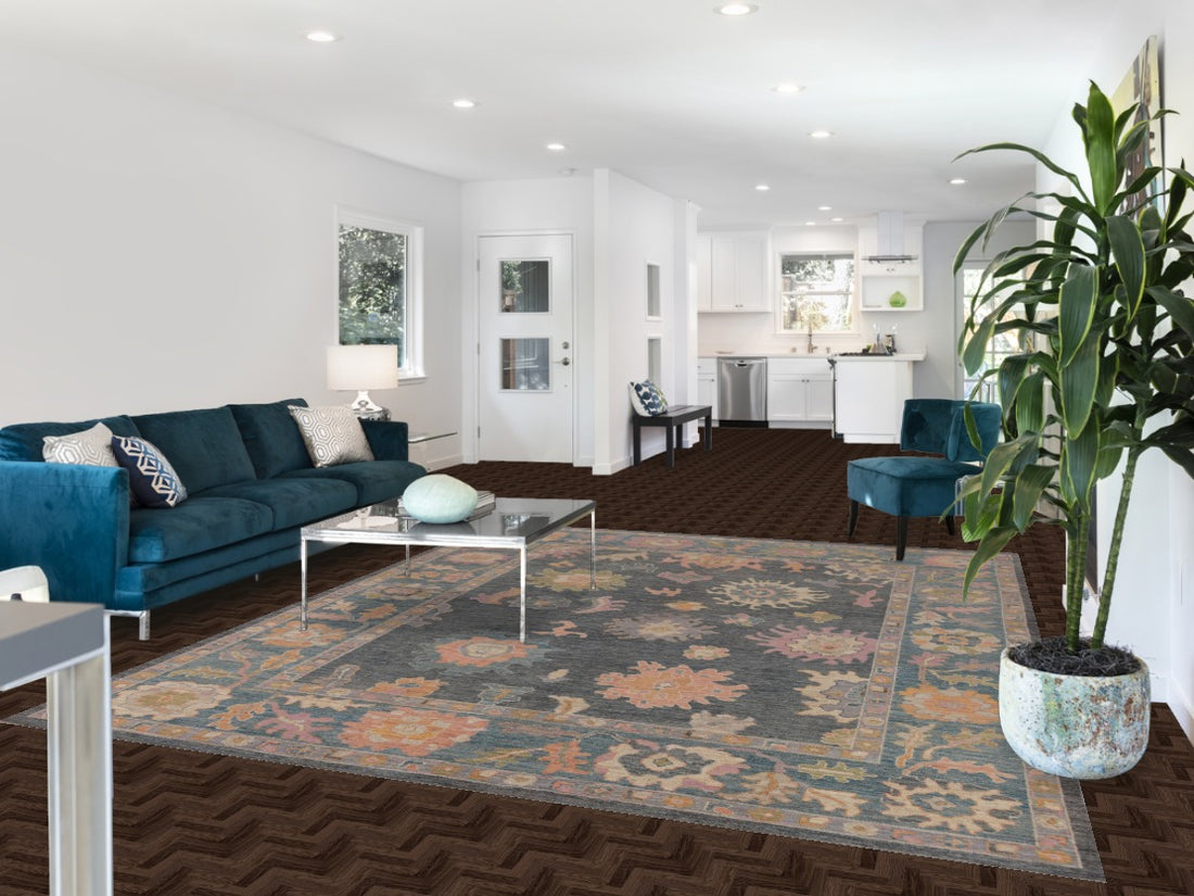 Vegetable Dye Blue Gray Oushak Turkish Area Rug 8x10