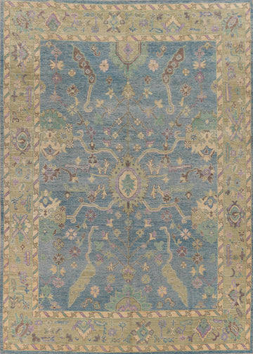 Handmade Blue Floral Oushak Vegetable Dye Area Rug 9x12