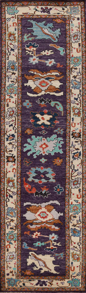 Vegetable Dye Purple Oushak Turkish Runner Rug 3x11