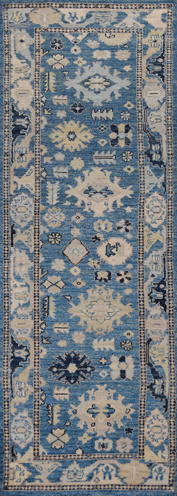 Blue Geometric Oushak Vegetable Dye Runner Rug 3x10