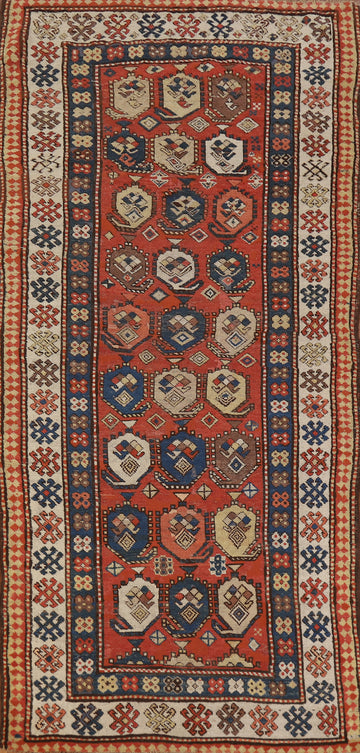 Pre-1900 Antique Wool Kazak Vegetable Dye Runner Rug 4x9