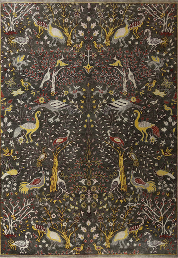 Dark Gray Animals Design Ziegler Indian Large Rug 10x14