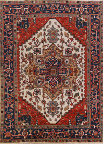 Ivory Wool Medallion Heriz Serapi Indian Area Rug 9x12