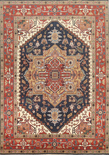 Navy Blue Medallion Wool Heriz Serapi Indian Area Rug 9x12