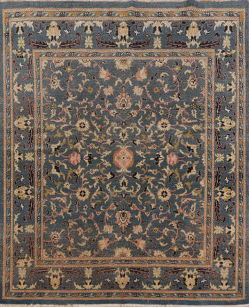 Square Floral Blue Oushak Vegetable Dye Area Rug 5x5