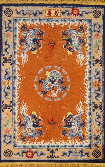 Animals Orange Art Deco Vegetable Dye Chinese Rug 4x6