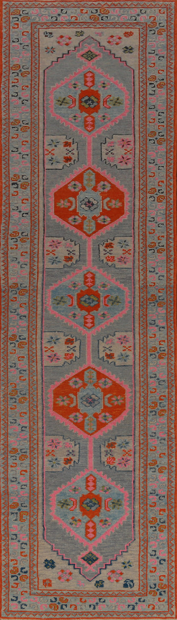 Geometric Blue Vegetable Dye Oushak Turkish Runner Rug 3x14