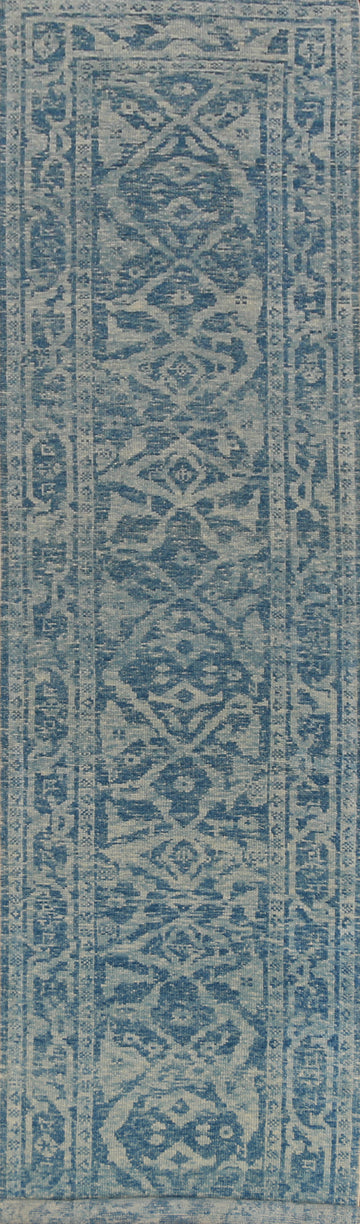 Vegetable Dye Blue Oushak Turkish Runner Rug 3x17