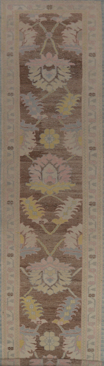 Vegetable Dye Brown Oushak Turkish Runner Rug 3x17