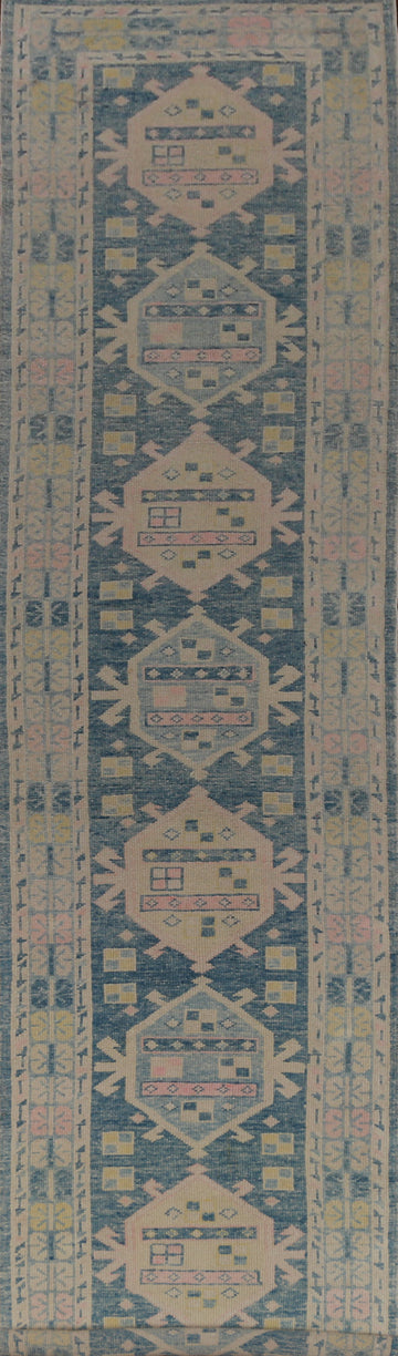 Blue Geometric Oushak Vegetable Dye Runner Rug 3x17