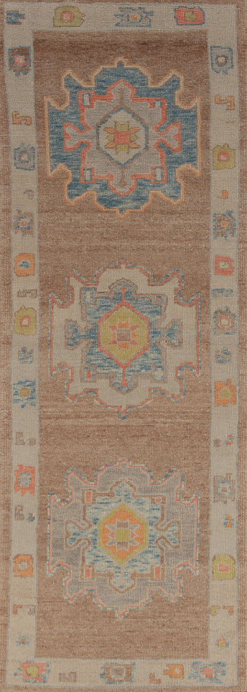 Vegetable Dye Brown Oushak Turkish Runner Rug 3x10
