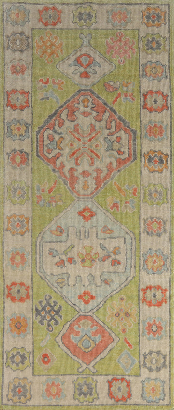 Vegetable Dye Green Oushak Turkish Runner Rug 3x8