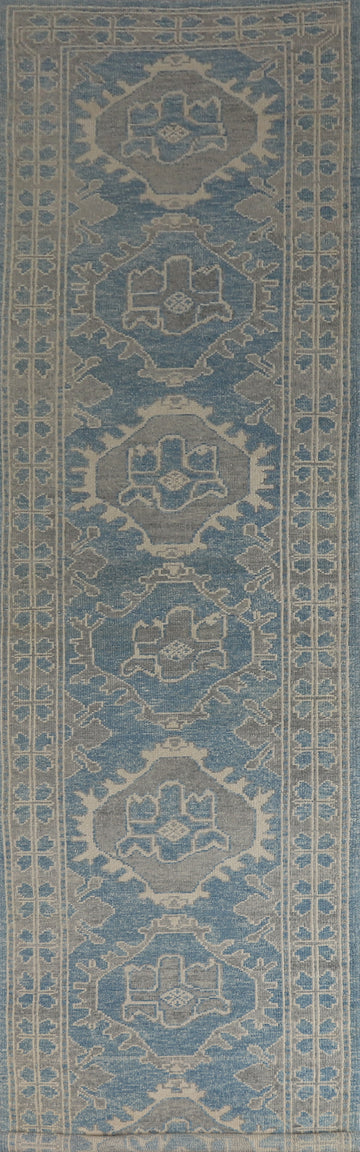 Vegetable Dye Blue Oushak Turkish Runner Rug 3x16