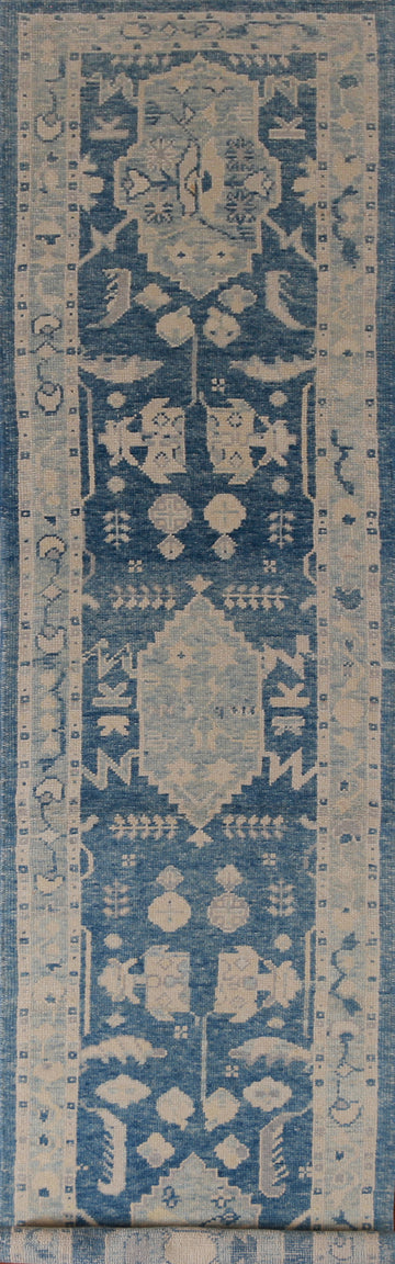 Vegetable Dye Blue Oushak Turkish Runner Rug 3x15