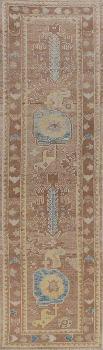 Vegetable Dye Brown Oushak Turkish Runner Rug 3x13