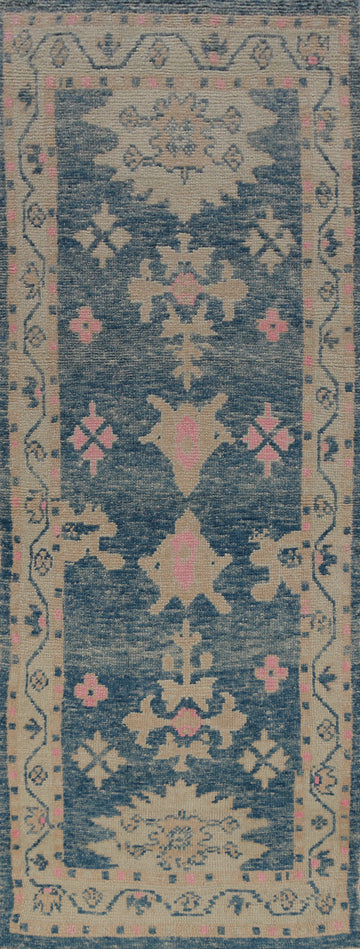 Vegetable Dye Blue Oushak Turkish Runner Rug 3x9