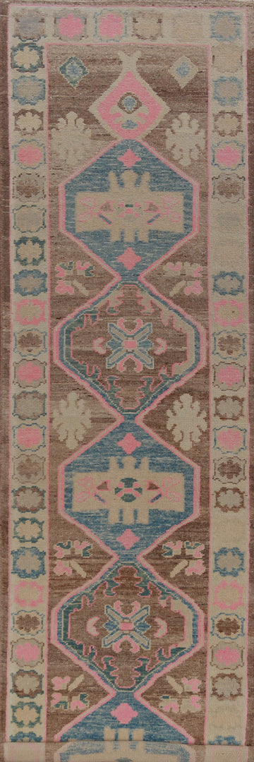 Brown Geometric Oushak Vegetable Dye Runner Rug 3x16