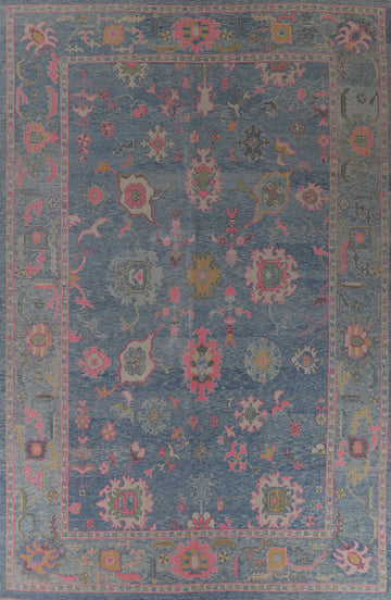 Floral Blue Vegetable Dye Oushak Turkish Large Rug 10x14