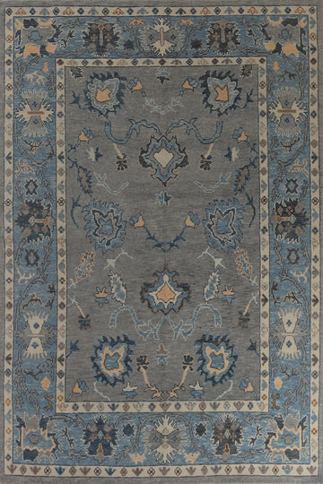 Gray & Blue Floral Oushak Vegetable Dye Area Rug 8x12