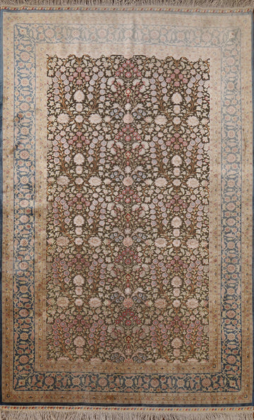 Pre-1900 Antique Silk/ Silver Qum Vegetable Dye Persian Rug 4x6