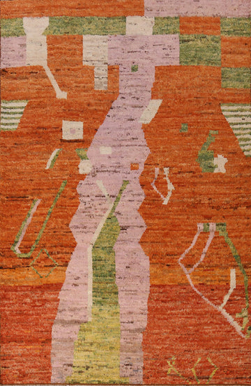 Orange Wool Moroccan Oriental Area Rug 7x10
