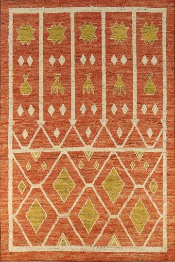 Orange Wool Handmade Moroccan Oriental Area Rug 7x10