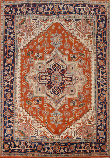 Orange Wool Medallion Heriz Serapi Indian Area Rug 8x10
