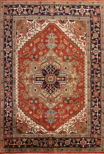 Orange Wool Medallion Heriz Serapi Indian Area Rug 9x12