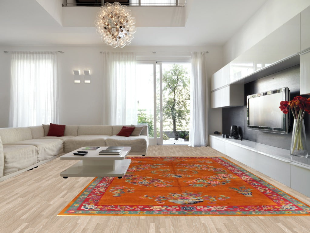 Orange Vegetable Dye Art Deco Nichols Chinese Large Rug 11x18