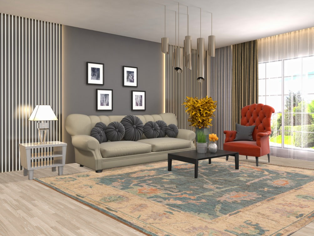 Vegetable Dye Blue Oushak Turkish Area Rug 8x10