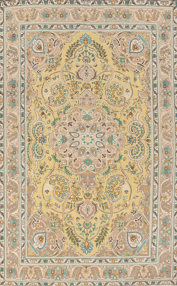 Vintage Yellow Tabriz Persian Area Rug 7x11